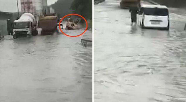 The Kemerburgaz road turned into a lake, and the big truck was swept away by the waters.
