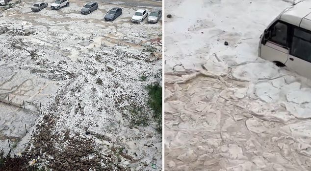 هطول الأمطار الغزيرة والبَرَد في أضنة؛ الشوارع والأزقة تكتسي باللون الأبيض