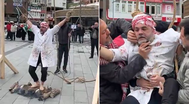 Panic moments in the city square! He was drowning during the protest.