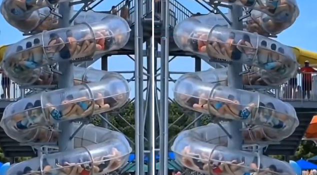 Terrifying moments at an aqua park in China: They were stranded on a waterslide.