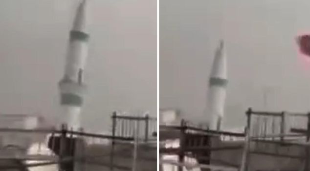 Момент обрушения минарета во время бури попал на камеру