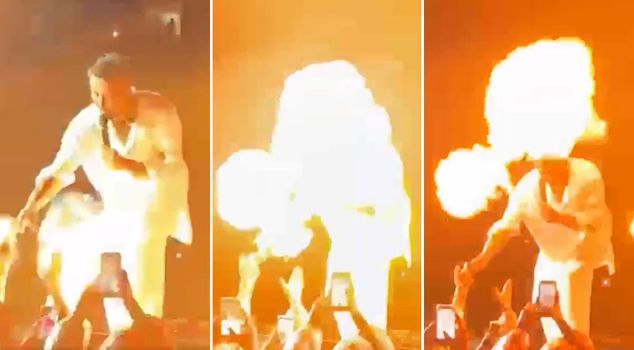 Flames flashed on the face of released Tan Tașçı on stage