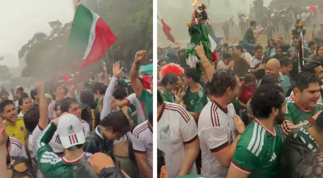 Even the downpour couldn't stop it! Mexicans celebrated the victory like this.