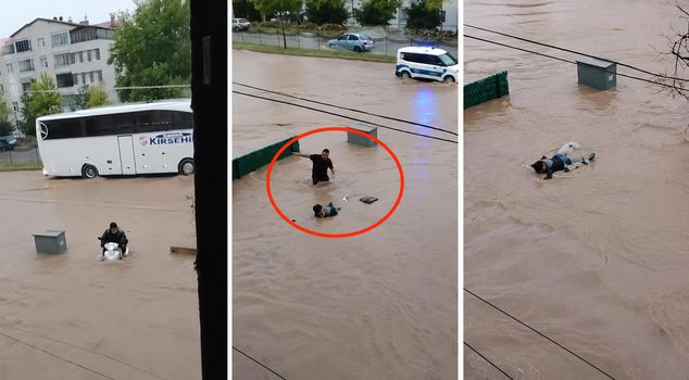 مواطنون ينقذون رجلاً مسناً جرفته السيول وهو على دراجته النارية في كيرشهير