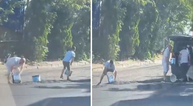 They stole the freshly poured hot asphalt from the road using buckets.