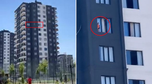 Heart-stopping moments on the 12th floor! The child climbed onto the window.