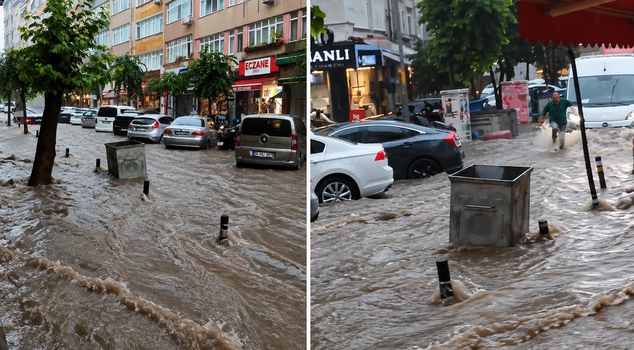 В Бешикташе огромный мусорный контейнер унесло потоками воды.