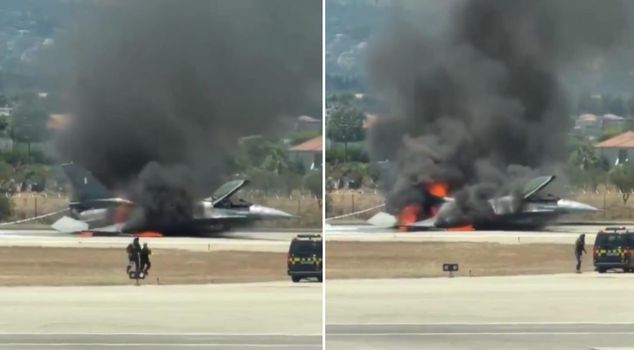 Greek F-16 catches fire in the air! Turns into a fireball seconds after emergency landing