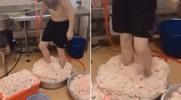 Scandalous footage at a restaurant! Employee trampled chicken skin with their feet.