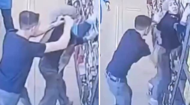 The market employee threw the woman onto the shelves