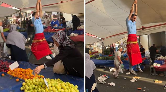The wind blew away the market vendor: He rose meters into the air