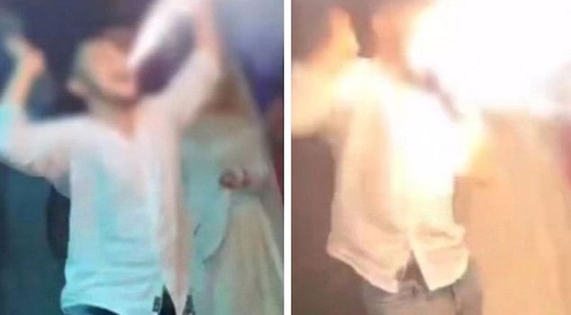 The torch he held in his mouth at the wedding exploded.