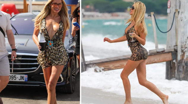 The famous model had a hard time running on the beach! She couldn't escape from giving free kicks.