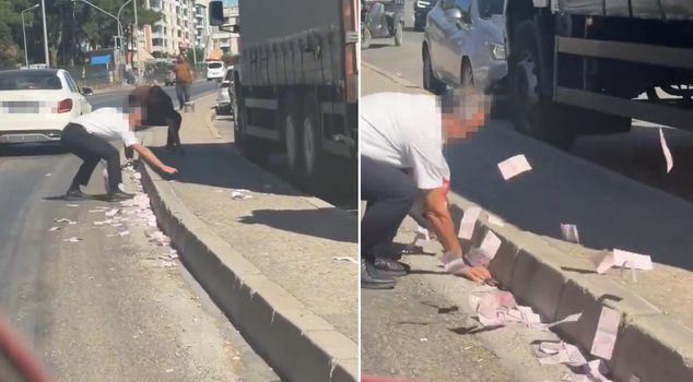 It's not a movie, it's real! They dropped a sack full of money on the road.