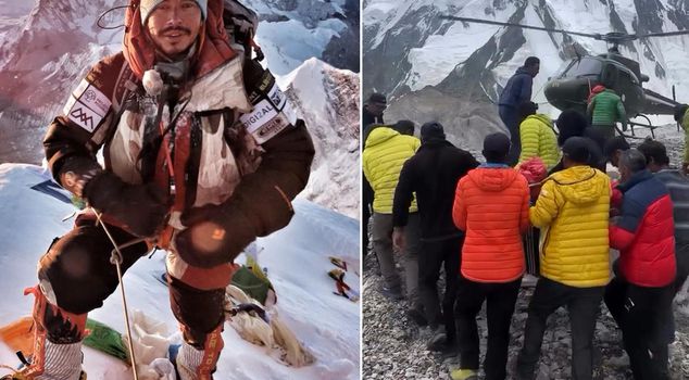The record-breaking climber's lifeless body was brought down from the mountain like this.