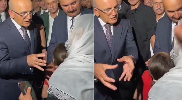 Minister Şimşek responds in Kurdish to the elderly woman asking for a job for her son.
