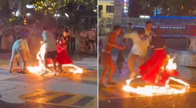 The dancer's difficult moments: Her skirt suddenly caught fire