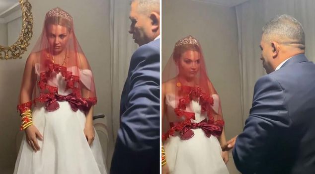 What kind of tradition is this? The bride's facial expression sums up what's happening.