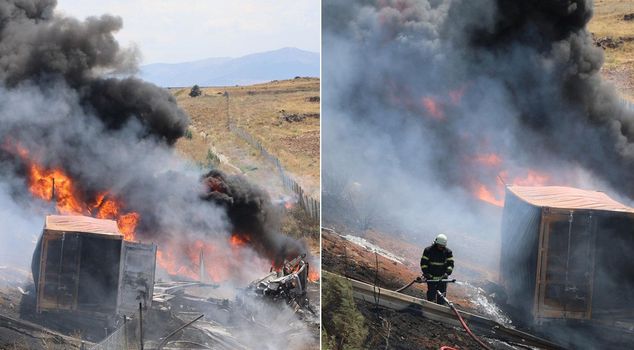 Lube oil loaded truck overturned into a ditch and caught fire! Driver died from burns