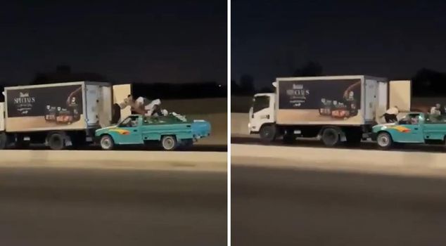 They stole products from a moving truck and fled.