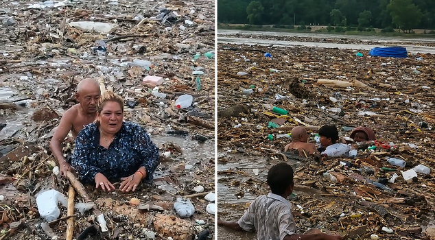 A disgrace to humanity in the midst of the flood; they searched for valuable items in the waters.