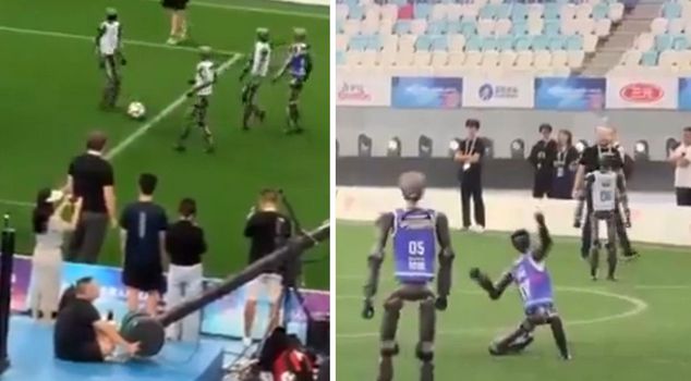 Robots landed on the green field! They had a fierce match.