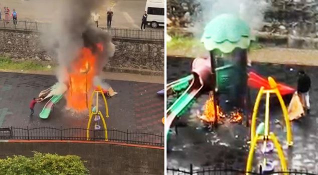 In Zonguldak, children claiming to be 'cold' set the slide on fire.