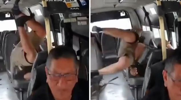 Unbelievable accident! He was thrown from the motorcycle and fell into the bus.