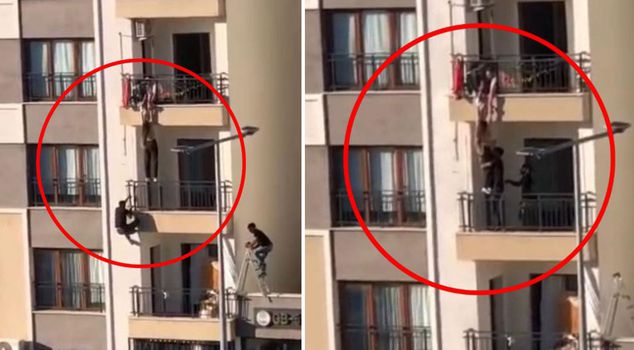 He saved the child who was about to fall from the balcony by climbing over the railings.