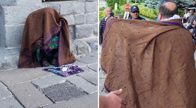 Surprise celebration from a theatrical performer disguised as a beggar to the municipal police officers