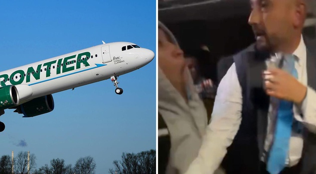 There was chaos on the plane! The flight attendant wrestled with the passenger and moved him away from the door.