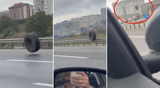 Terrifying moments on the highway in Istanbul: A giant tire that broke off a truck was flung into traffic