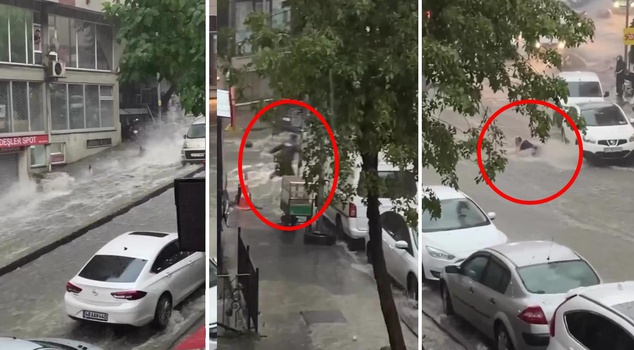 Young people saved the woman caught in the flood in Şişli at the last moment! Those moments are on camera.