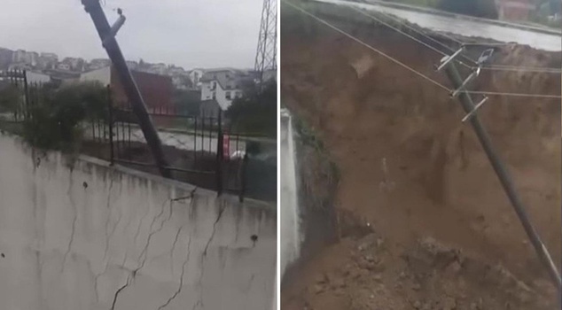 In Gölcük, a retaining wall collapsed after heavy rain, and a power pole tilted over.