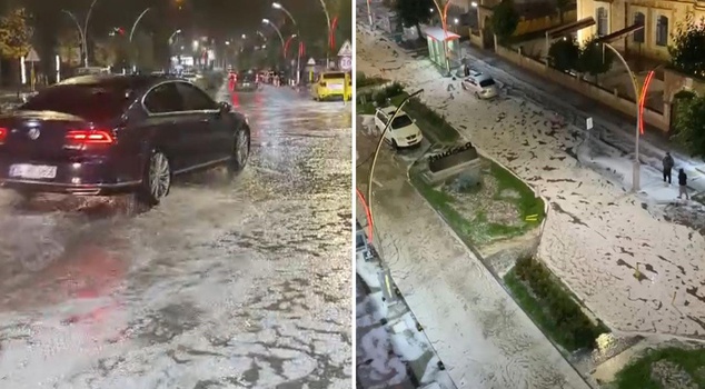 A 10-minute hail storm blanketed Bayburt in white.