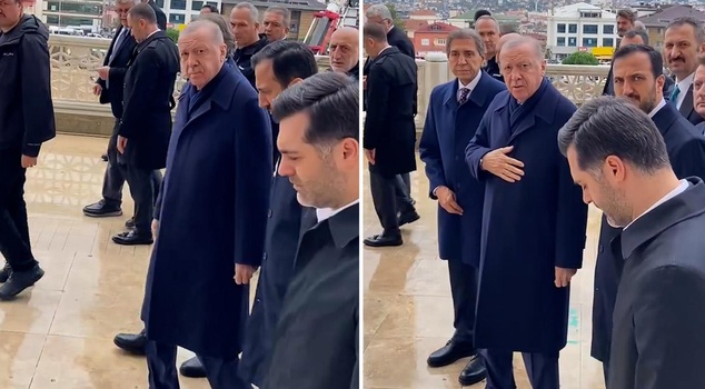 When he saw President Erdoğan, he couldn't hold back; the bodyguards immediately intervened: We're in a mosque, don't shout.