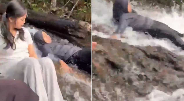 That's how they fell from the waterfall in front of their friends.