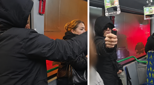 Ударил женщину кулаком, устроил переполох в автобусе! Нападавший с перцовым газом попал на камеры