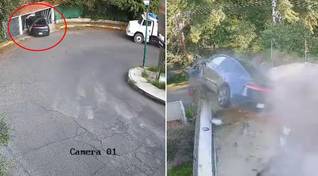 The Tesla went out of control, crashed through a house, and flew meters down.