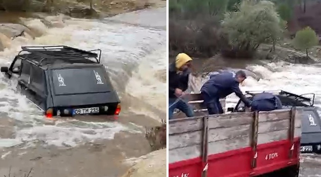 Car caught in floodwaters in Aydın: Driver and passenger rescued