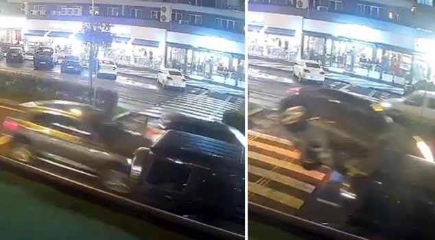 Luxury car crashes into parked vehicle and overturns! The moment caught on camera