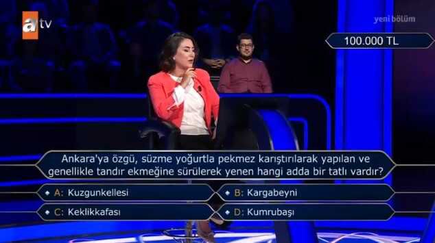 (Ankara'ya özgü, süzme yoğurtla pekmez karıştırılarak...) Kim Milyoner Olmak İster 20 Temmuz Sorusu Cevabı Nedir? 100 Bin TL'lik soru ve cevabı ne?