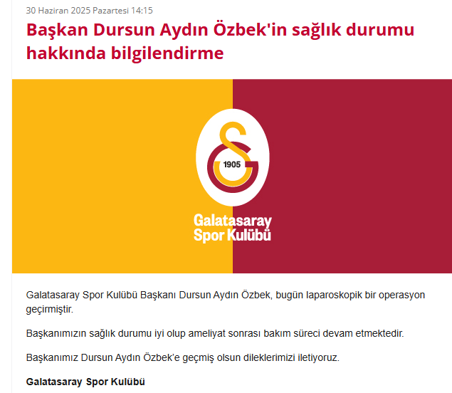 Galatasaray Başkanı Dursun Özbek'in Sağlık Durumu Hakkında Güncel Bilgilendirme