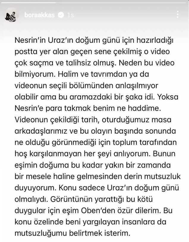 Nesrin Cavadzade'nin göğsüne para sıkıştırdığı anlar çok konuşulan Bora Akkaş, eşinden özür diledi