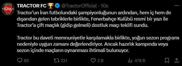 Fenerbahçe'den Tractor'e dostluk maçı teklifi