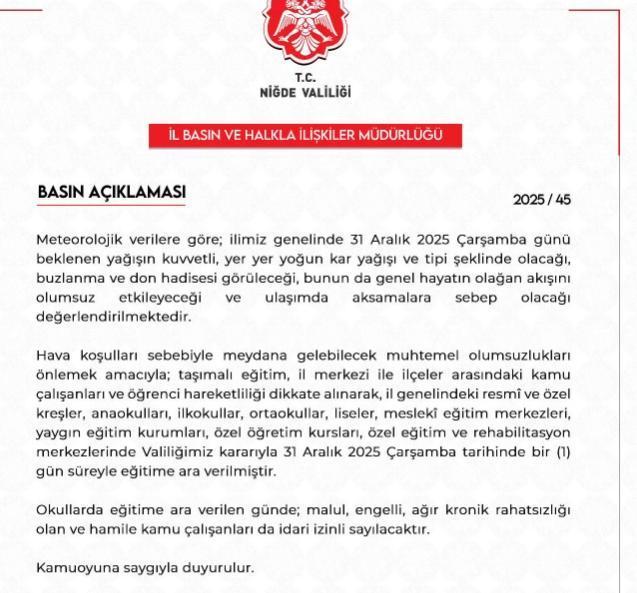 Niğde okullar tatil mi? 31 Aralık Çarşamba Niğde'da okul yok mu (KAR TATİLİ – Niğde VALİLİĞİ)?