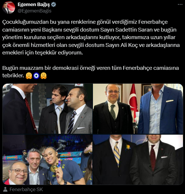 Fenerbahçe Camiasına Yeni Tebrik Mesajı: Bağış'tan Ali Koç ve Sadettin Saran’a Kutlama