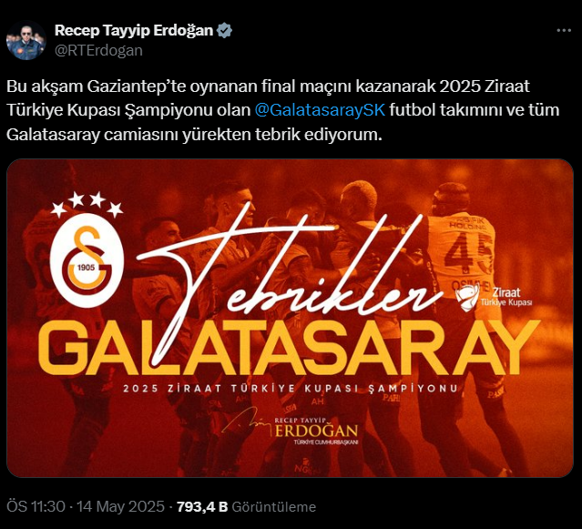 Cumhurbaşkanı Erdoğan'dan Galatasaray'a tebrik