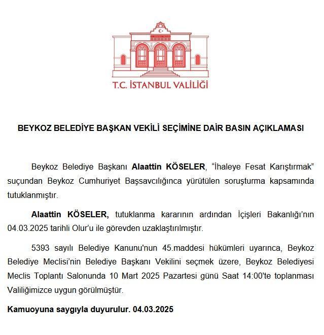 Beykoz Belediyesi'nde başkan vekili seçimi yapılacak