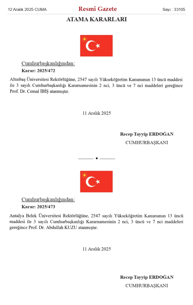 12 Aralık Cuma 2025 Resmi Gazete ATAMA KARARLARI yayınlandı mı? Bugünün kararları neler?